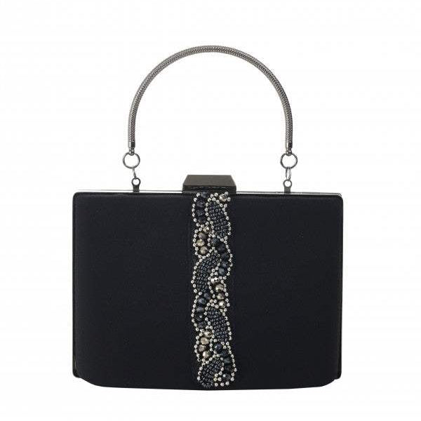 structured handbag  Klara evening bag with intricate beaded embellishment and metallic handle, perfect for elegant occasions.