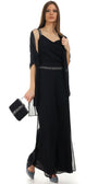 structured handbag woman in elegant black jumpsuit holding Bag Klara evening purse with metallic handle and beaded embellishment