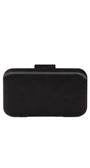 Back of the structured black evening clutch with a smooth satin finish and metal frame