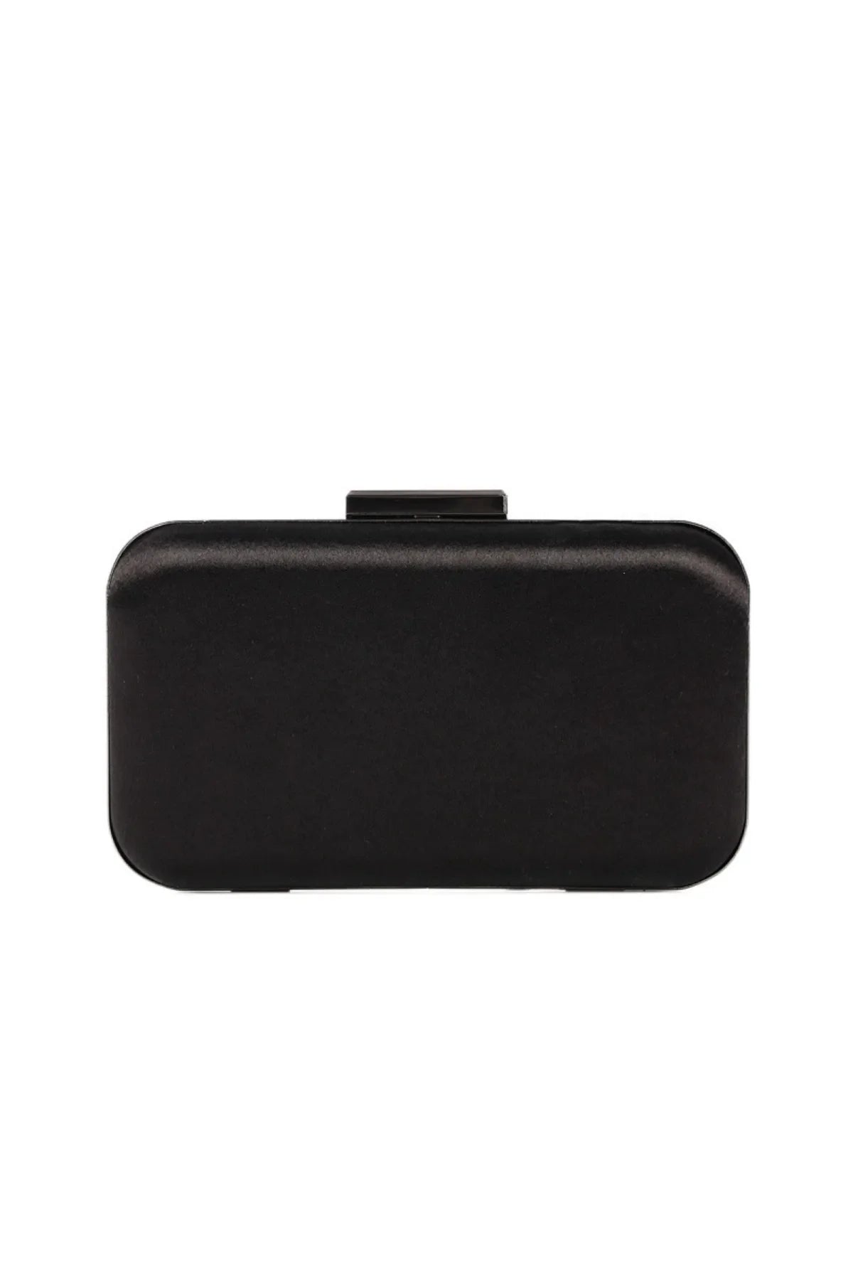 Back of the structured black evening clutch with a smooth satin finish and metal frame
