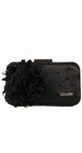 Leni Black Evening Clutch with a dimensional feather flower and beadwork, structured satin-finish body