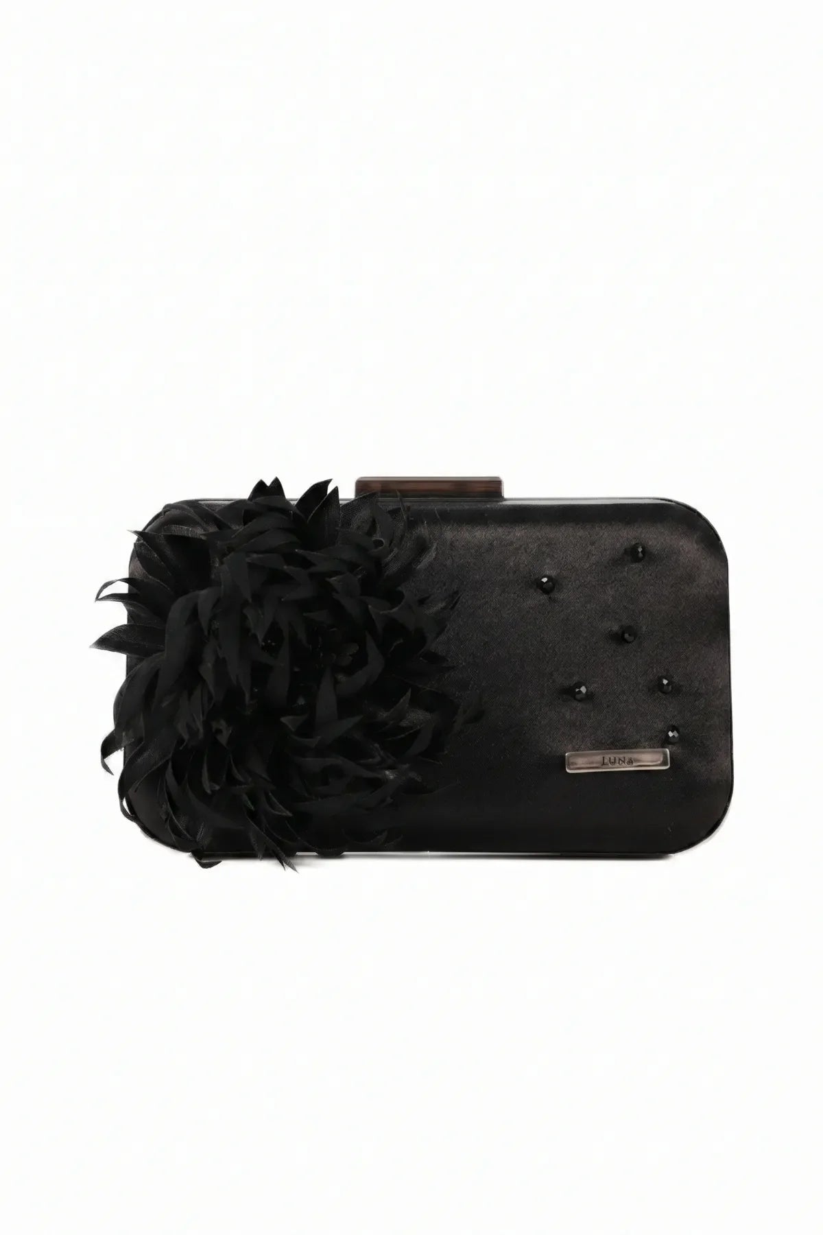 Leni Black Evening Clutch with a dimensional feather flower and beadwork, structured satin-finish body