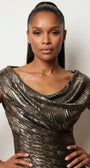 Bodice detail of the bronze metallic dress showing the draped neckline that extends over the shoulder