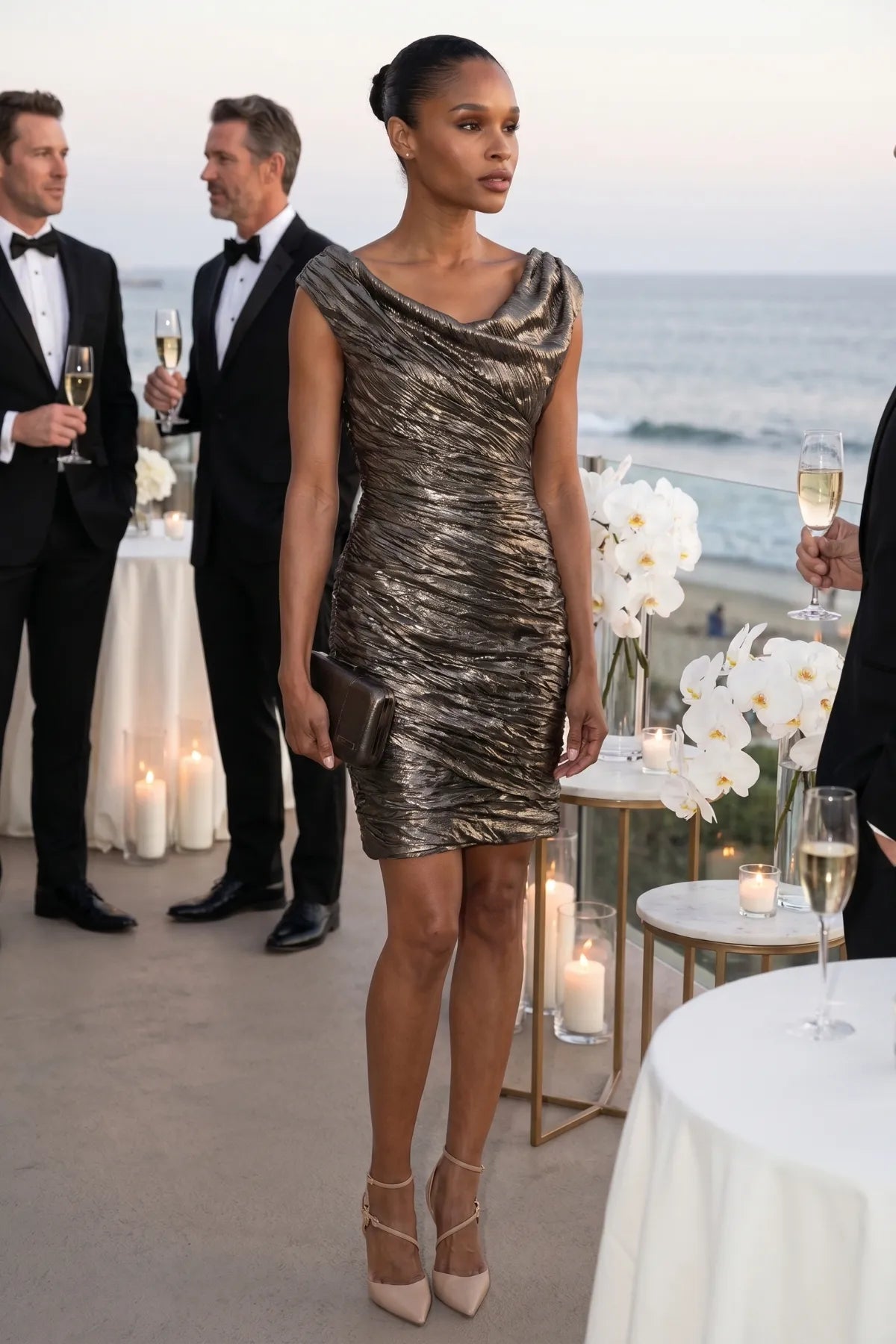 Woman wears the bronze metallic cocktail dress at an oceanfront formal reception with champagne and candlelight