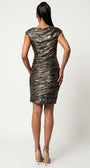 Back view of the bronze metallic cocktail dress showing smooth back, body-skimming silhouette, and knee hem