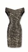 Bronze metallic cocktail dress on white, front view of the draped neckline and continuous diagonal ruching