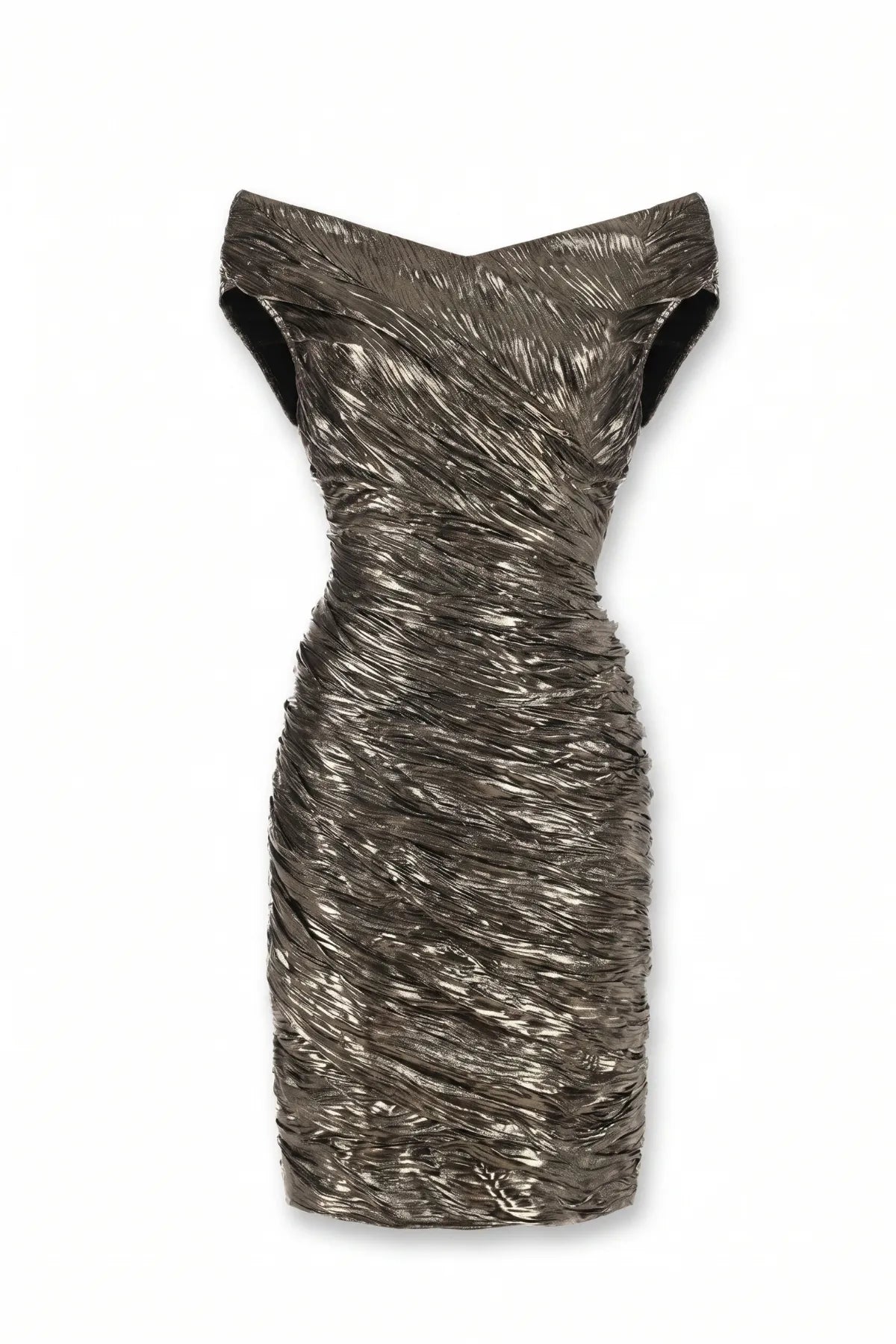 Bronze metallic cocktail dress on white, front view of the draped neckline and continuous diagonal ruching