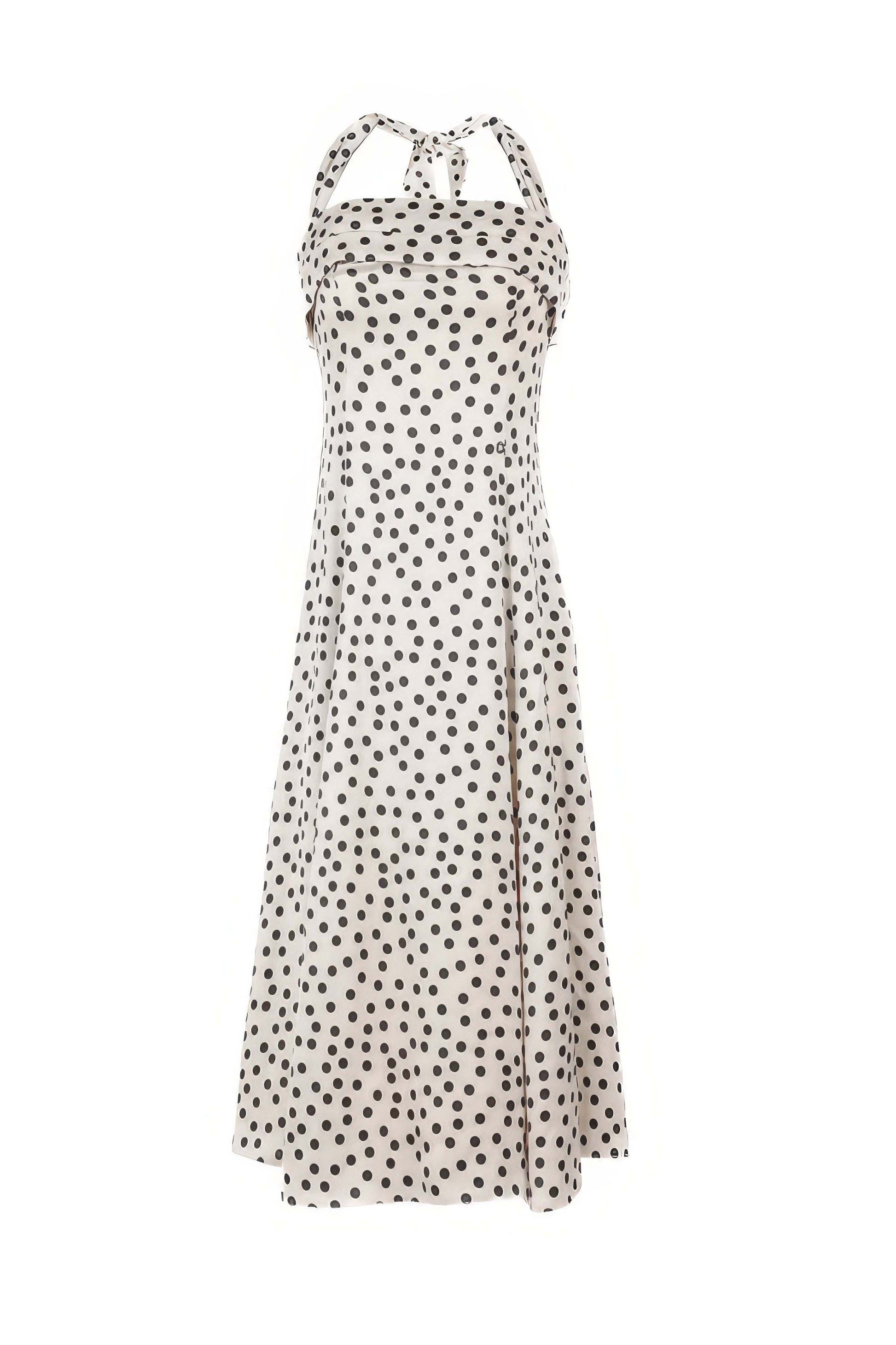 Melissa Satin Midi Dress in White Pokadot featuring sleeveless design and elegant viscose satin fabric by Luna Fashion House