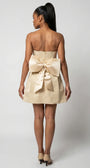 Back view of Melisa beige mini corset dress with center zipper and oversized removable bow.