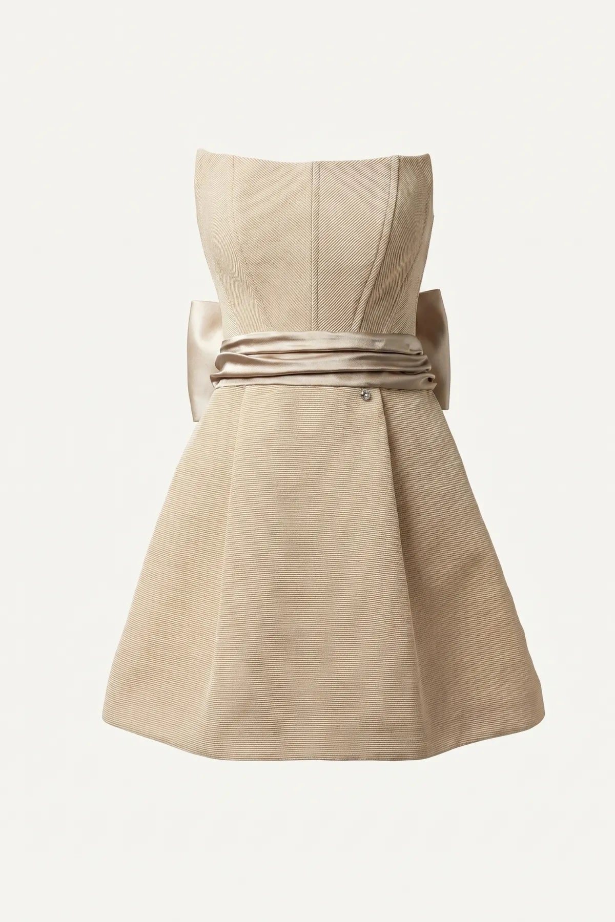 Product front view of Melisa beige strapless mini corset dress with textured fabric and waist sash.