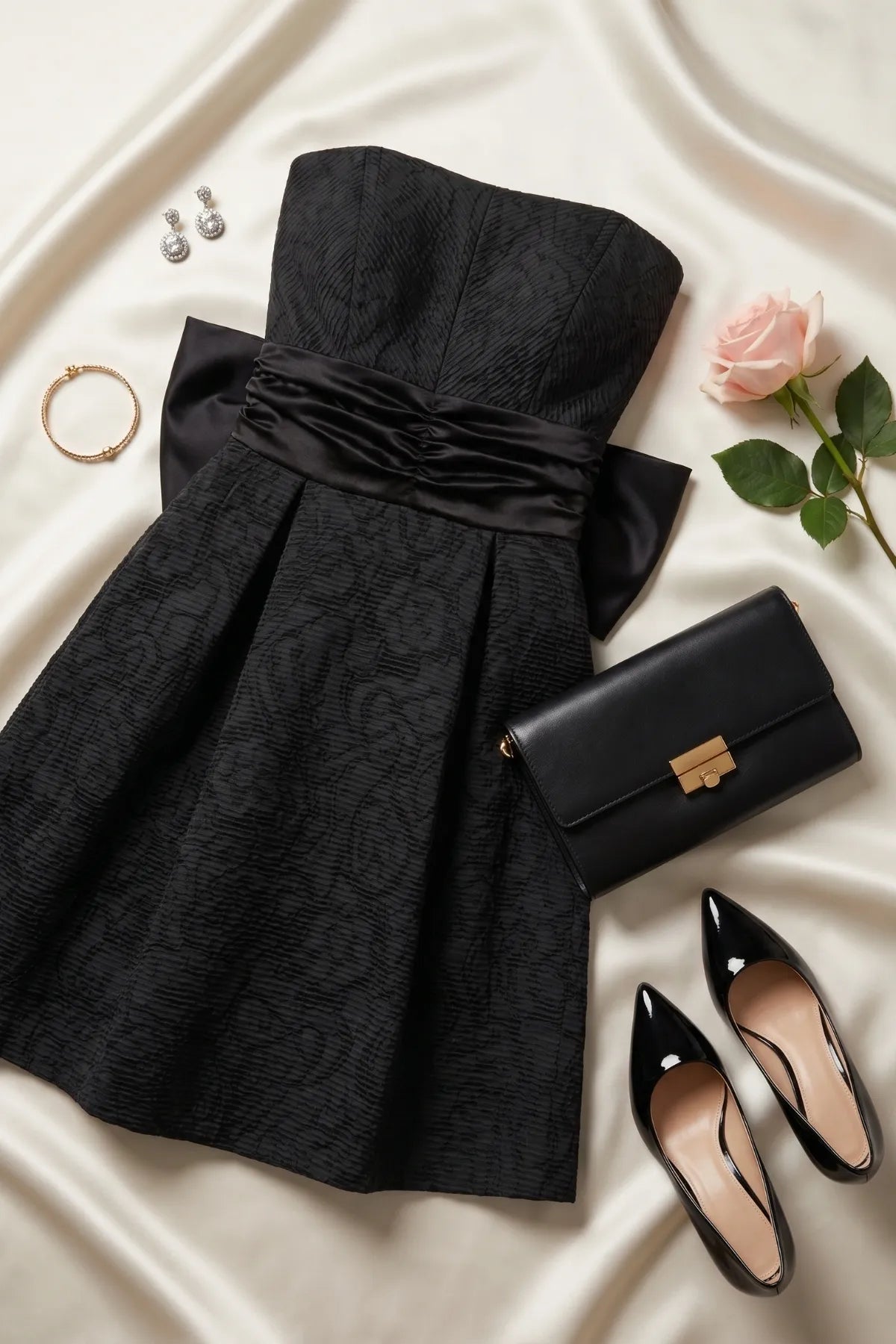 Melisa black strapless mini dress styled on cream satin with black heels, clutch, jewelry, and a rose.