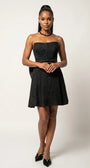 Front model view of Melisa black strapless corset mini dress with structured bodice and flared skirt.