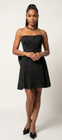 Front model view of Melisa black strapless corset mini dress with structured bodice and flared skirt.