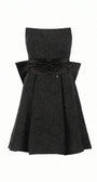 Front product view of Melisa black strapless mini corset dress with satin waist sash and flared skirt.