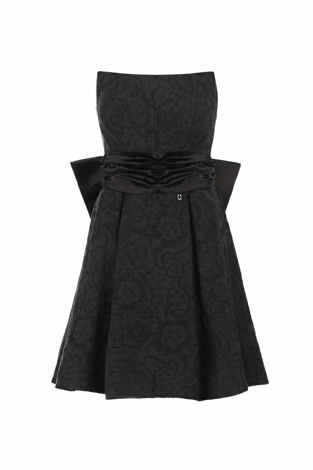 Front product view of Melisa black strapless mini corset dress with satin waist sash and flared skirt.
