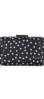 Black structured shoulder bag Melissa with white polka dots and detachable silver chain strap on white background.