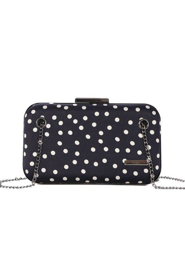 Black structured shoulder bag Melissa with white polka dots and detachable silver chain strap on white background.