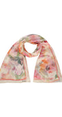 Lightweight Melissa silk scarf with delicate floral pattern in soft pink, orange, and green tones, elegant and versatile design.
