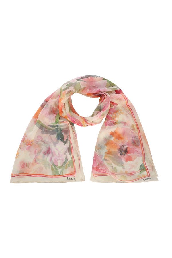 Lightweight Melissa silk scarf with delicate floral pattern in soft pink, orange, and green tones, elegant and versatile design.