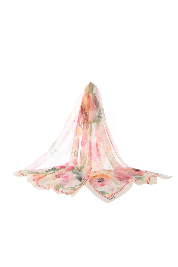 Lightweight Melissa Silk Scarf with delicate floral pattern, soft drape, and elegant pastel colors on white background.