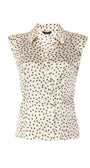 Talia Satin Blouse in White Pokadot with sleeveless design and elegant satin fabric from Luna Fashion House