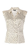 Sleeveless satin elegant blouse in cream with black polka dots and diagonal button detailing, elegant and fluid drape
