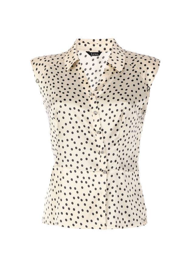 Sleeveless satin elegant blouse in cream with black polka dots and diagonal button detailing, elegant and fluid drape