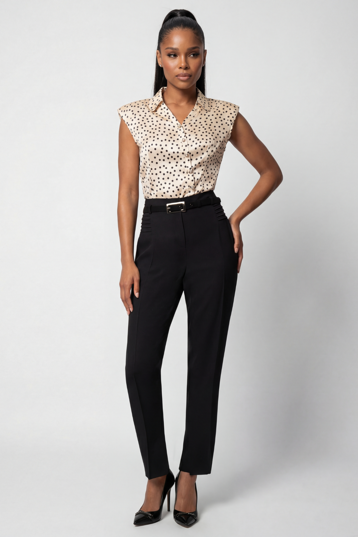 Woman wearing a patterned blouse and black pants on a white background