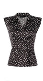 Sleeveless black satin elegant blouse with white polka dots and decorative diagonal buttons, elegant and tailored fit.