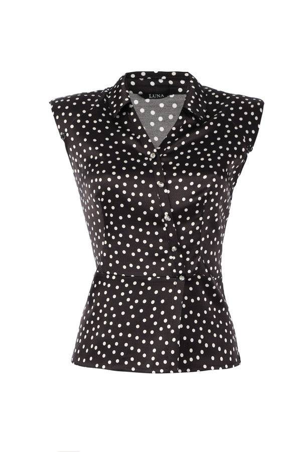 Sleeveless black satin elegant blouse with white polka dots and decorative diagonal buttons, elegant and tailored fit.