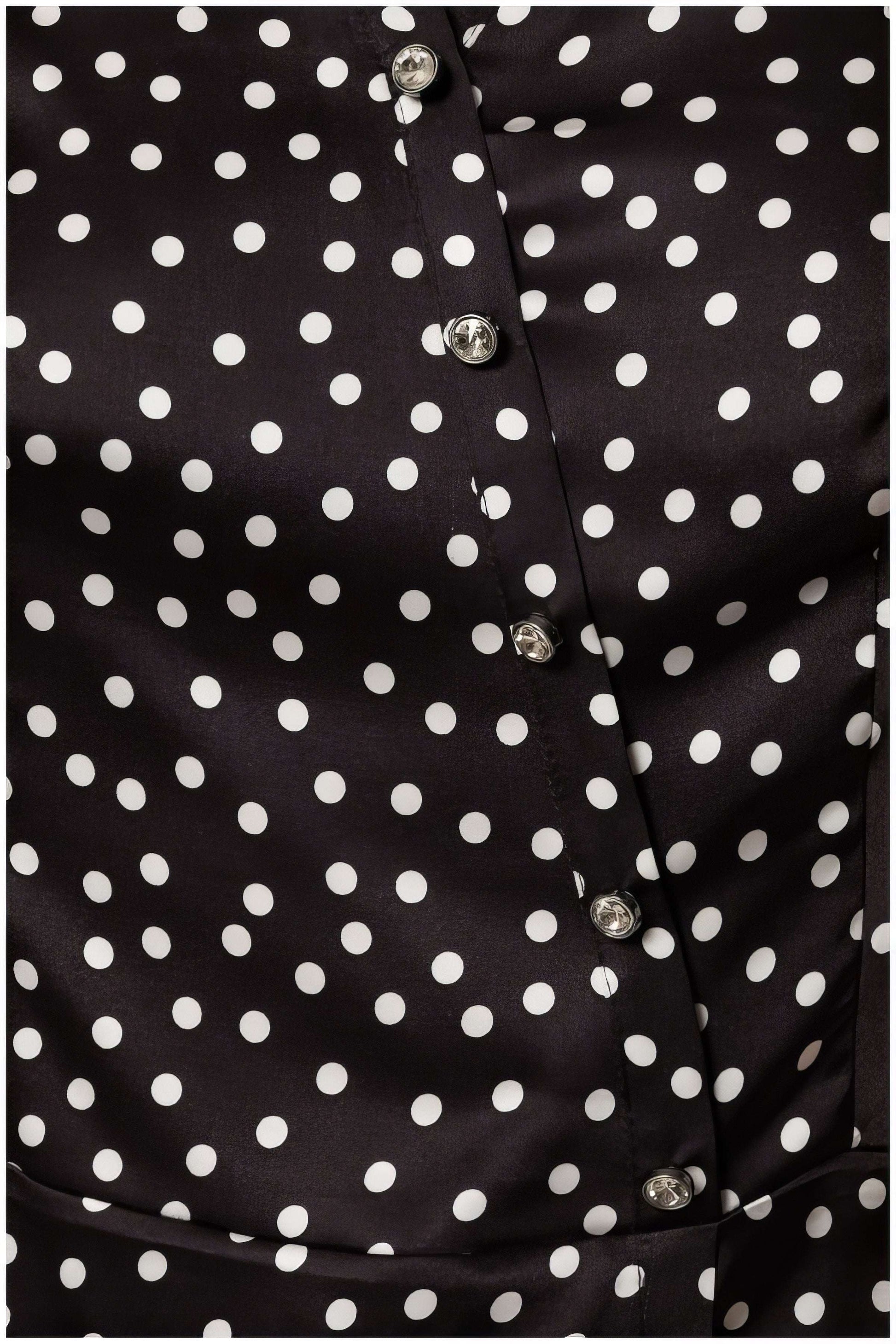 Close-up of Talia Satin Blouse in Black Pokadot showing smooth satin fabric and silver buttons from Luna Fashion House
