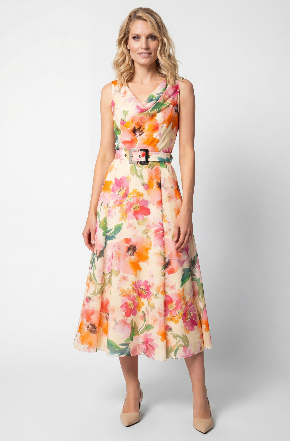 Amanda Luna Fashion House floral midi dress featuring a structured silhouette, elegant print detailing, and tailored fit, shown in a white studio background.