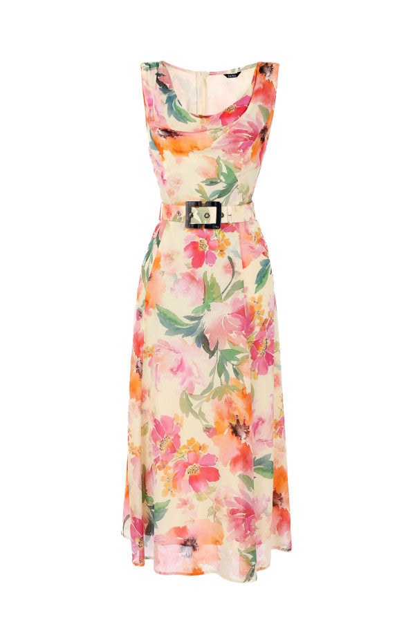 Sleeveless floral elegant midi dress with belted waist, flowing silhouette, and soft viscose fabric for elegant femininity.