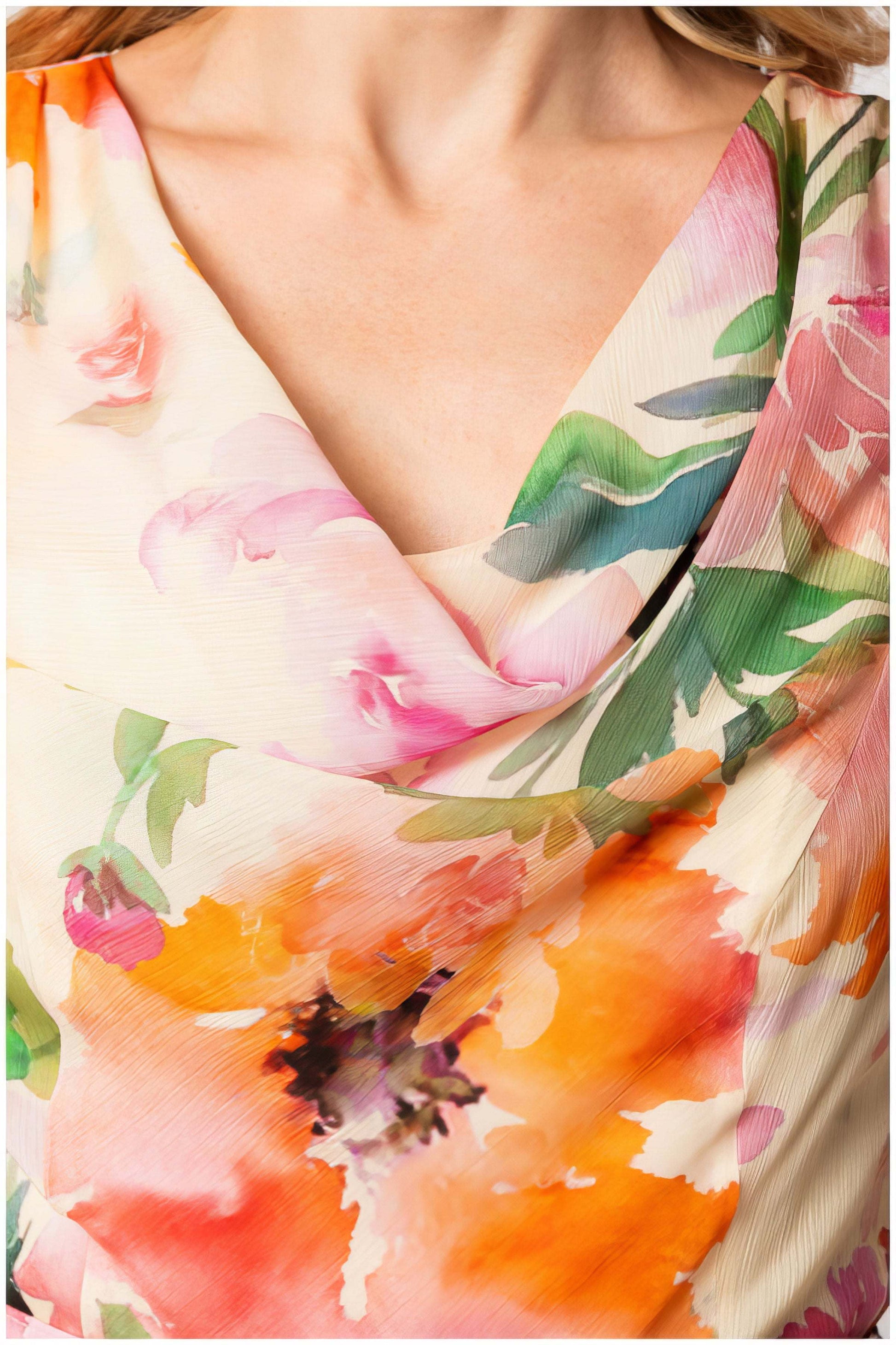 Elegant Midi Dress in Floral Print- Amanda with soft drape neckline and vibrant floral pattern on light fabric