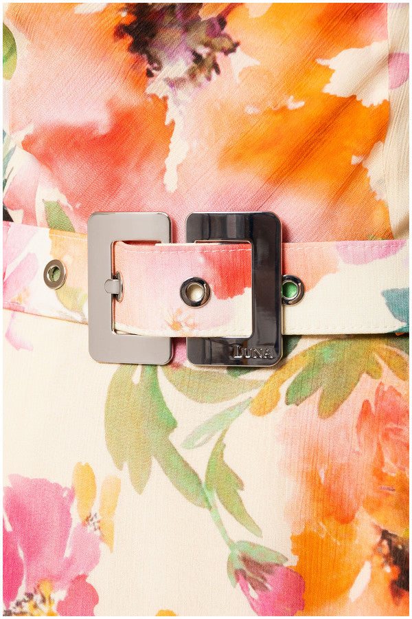 Close-up of floral elegant midi dress  print fabric belt with silver buckle branded Luna on the Amanda Midi Dress waistband