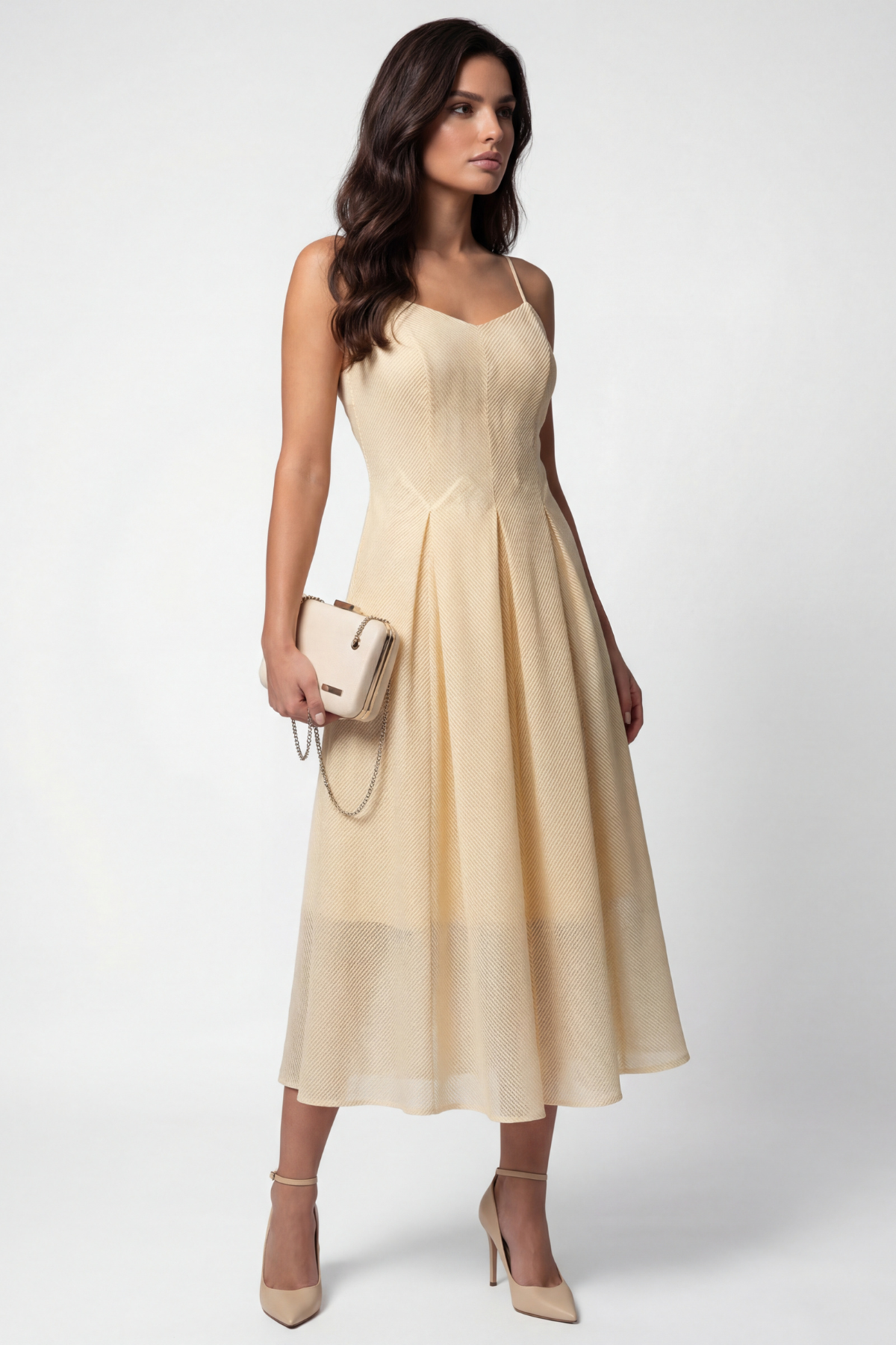Nela Midi Dress in Ivory. Midi dress. Refined fabric hand.