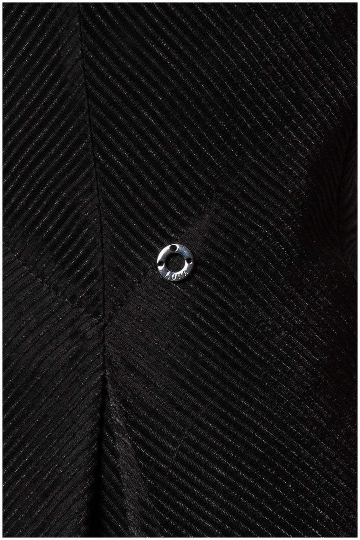 Black Midi Dress, Nela. Close up of the crystal button at the waist.