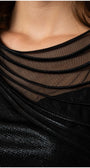 Close-up of sheer black mesh neckline with concentric layered satin piping bands