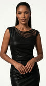 Asymmetric sheer mesh neckline with layered satin piping bands sweeping across the décolletage