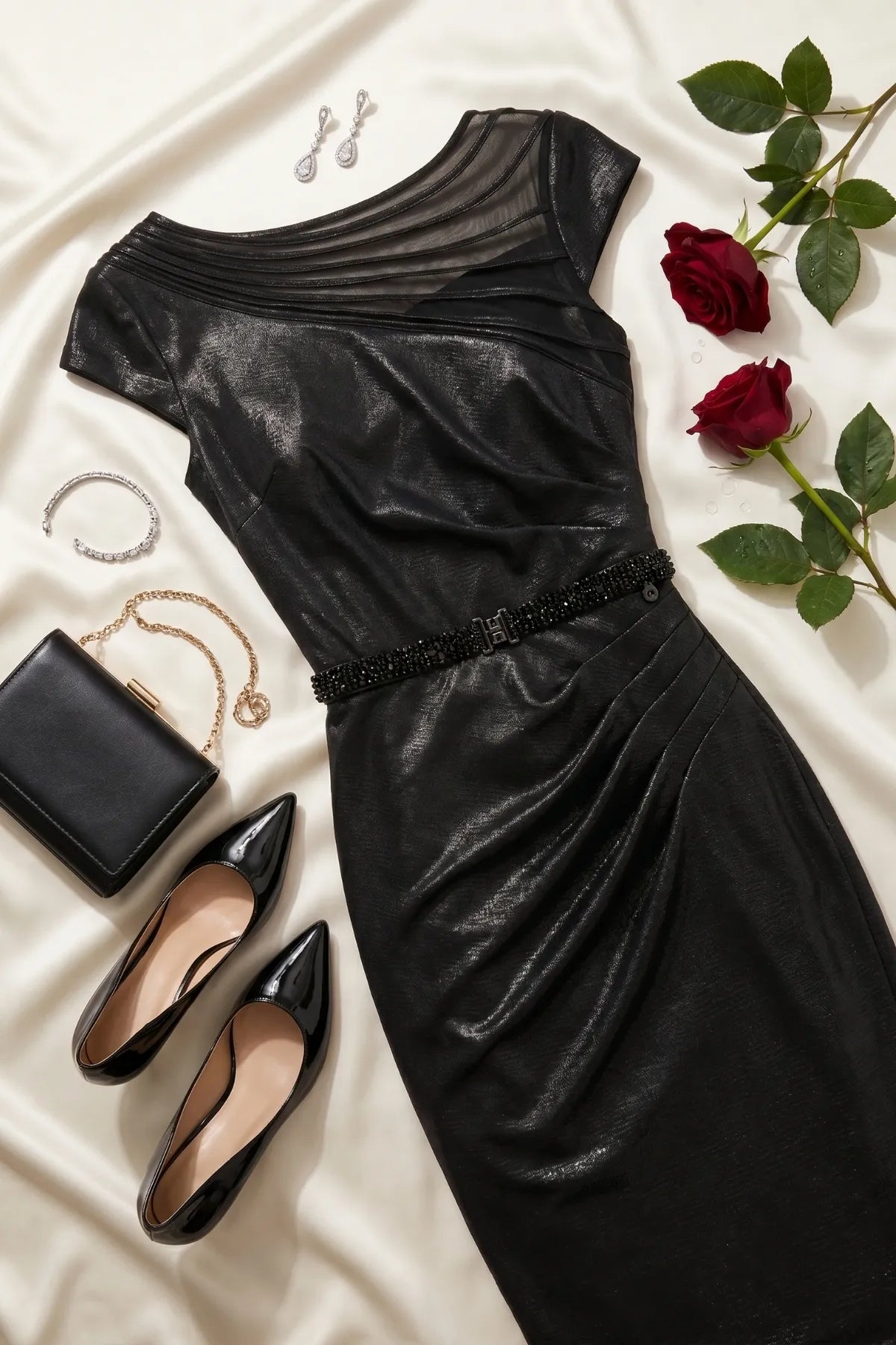 Morgan Short Dress styled on ivory satin with black patent pumps, black clutch, crystal earrings, and red roses