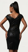 Morgan Short Dress back view in black, sheer V-mesh upper-back panel and beaded waist band continuing around