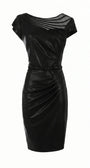 Morgan Short Dress flat-lay product front, sheer asymmetric neckline, beaded waist, knee-length pencil silhouette
