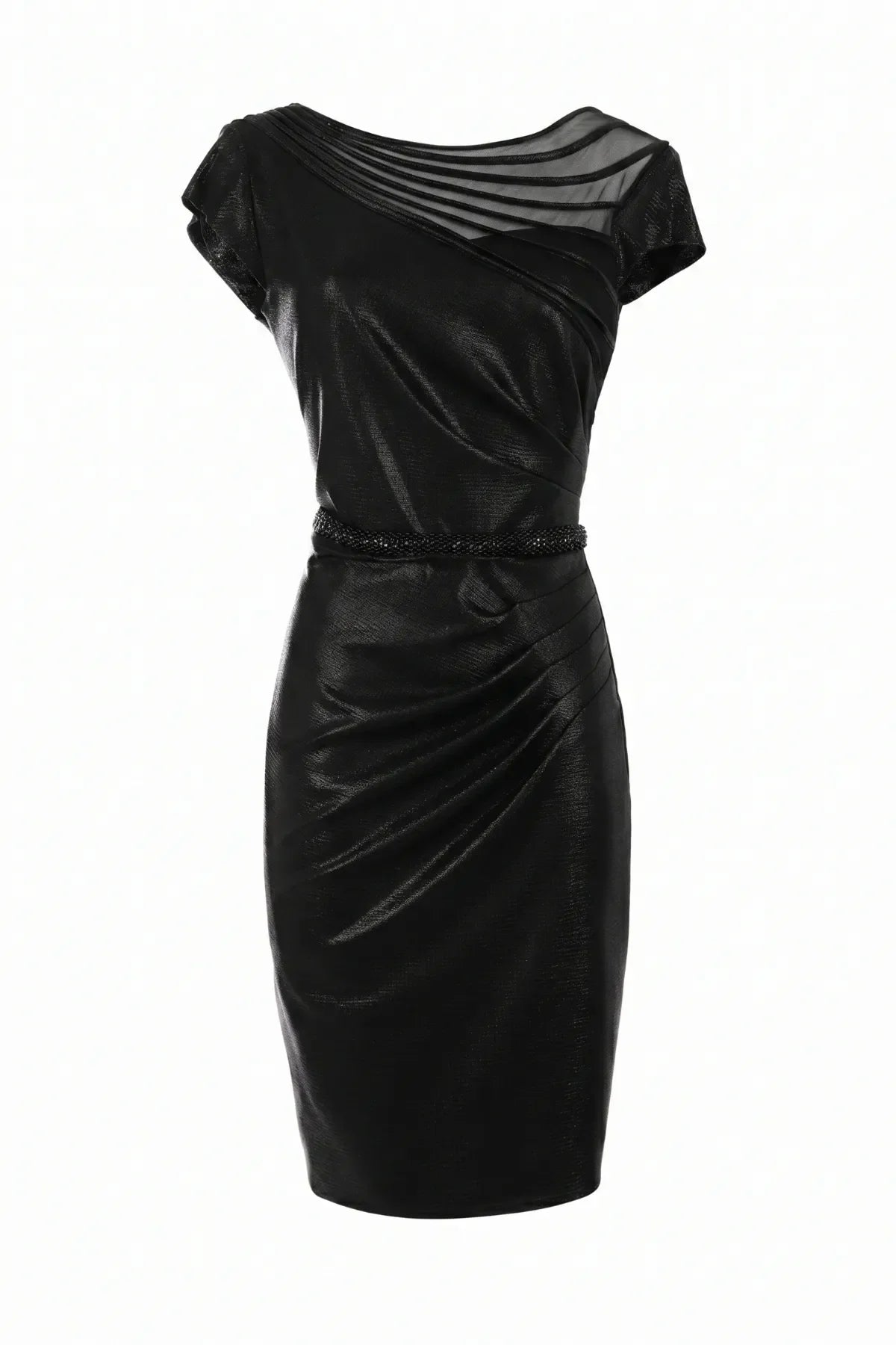 Morgan Short Dress flat-lay product front, sheer asymmetric neckline, beaded waist, knee-length pencil silhouette