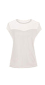 White short-sleeve textured blouse with sheer neckline panel, elegant TOP ARIA design