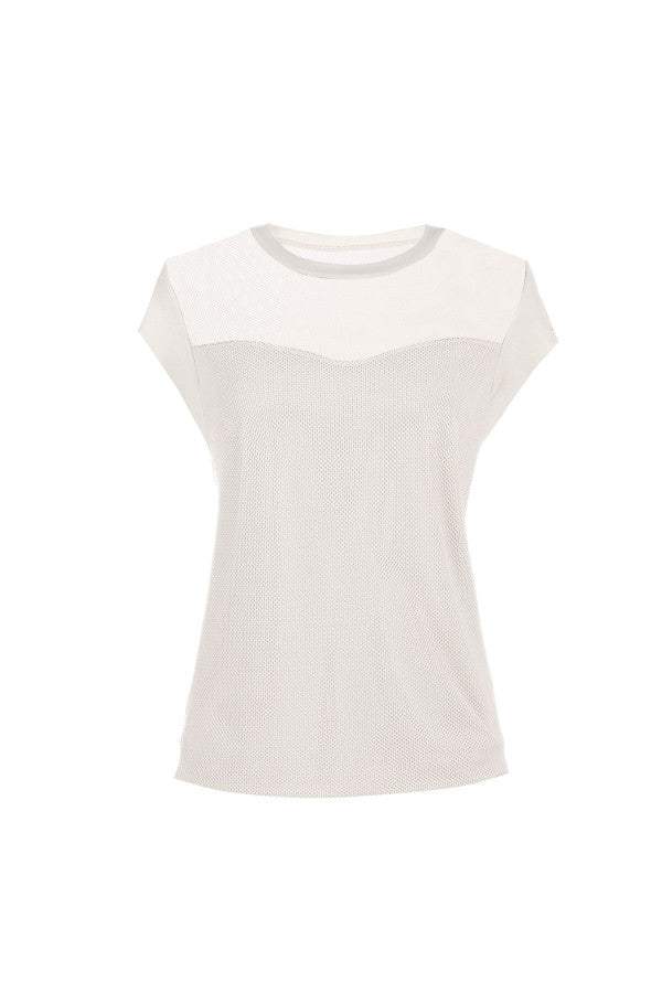 White short-sleeve textured blouse with sheer neckline panel, elegant TOP ARIA design