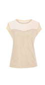 Beige womens short sleeve blouse with sheer panel and textured finish, elegant and comfortable for versatile wear