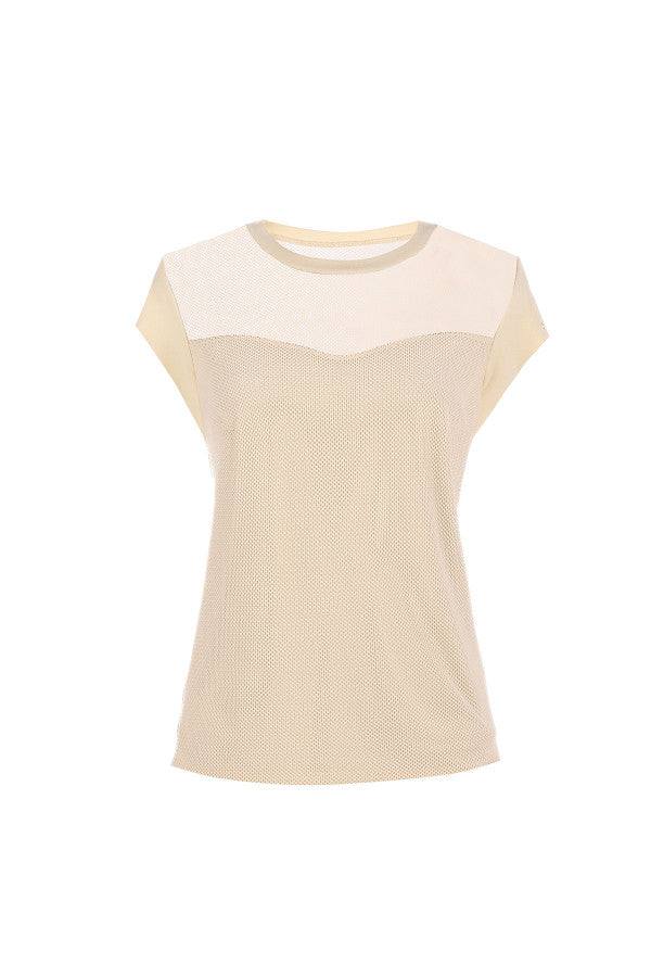 Beige womens short sleeve blouse with sheer panel and textured finish, elegant and comfortable for versatile wear