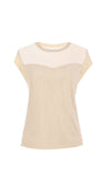 Beige sleeveless top with a textured pattern on a white background