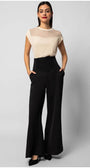 Womens short sleeve blouse with sheer neckline panel paired with black wide-leg trousers.