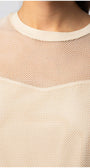Close-up of the mesh detail and neckline on the Aria Short-Sleeve Blouse in Ivory, showcasing texture and design.